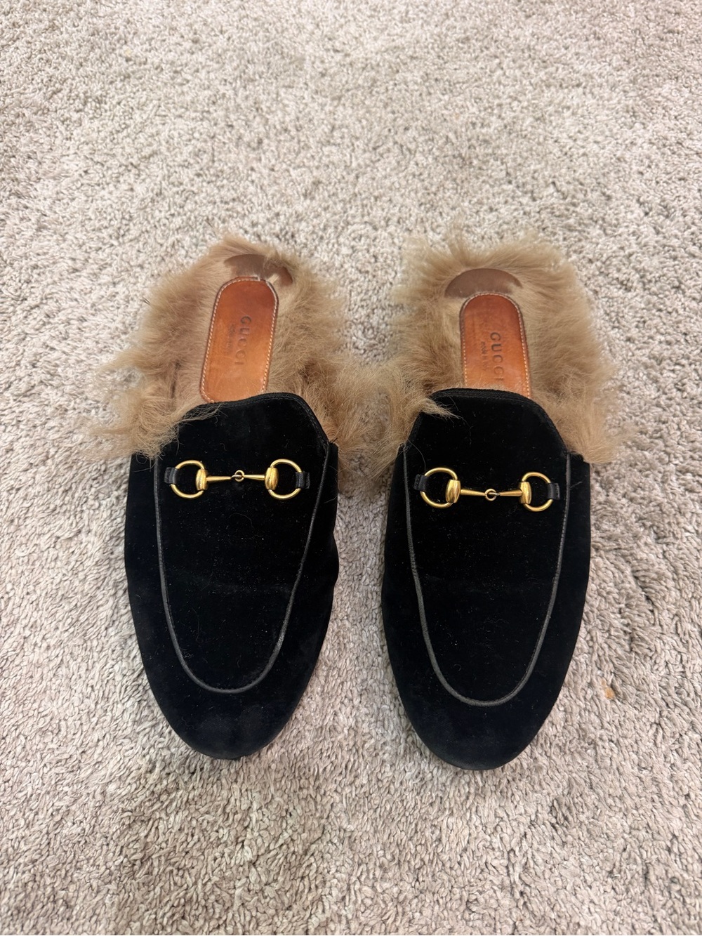 Gucci Princeton Black Velvet Fur-Lined Horsebit Slides with Gold Hardware